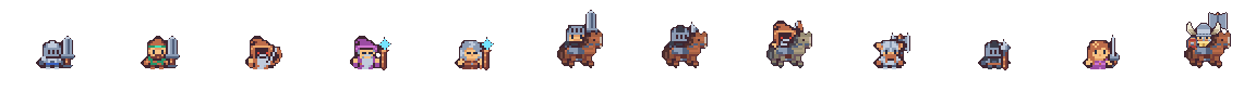A line-up of twelve pixel-art unit classes: knight, myrmidon, archer, mage, sage, cavalier, lancer, nomad, berserker, guard, duelist and jarl.