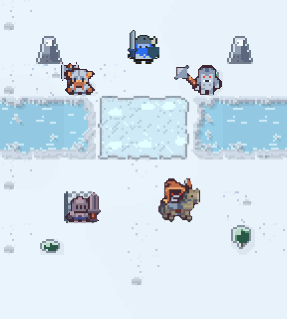 A frozen ford: snow and ice, a mounted archer and a knight facing a warlord and a yeti.